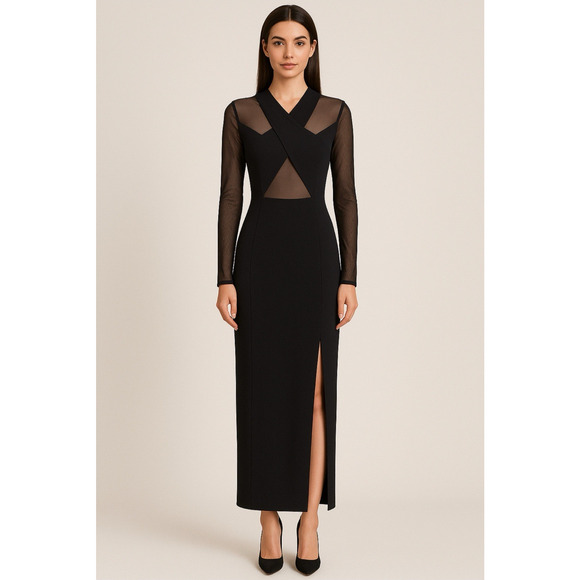 Vintage Caché Y2K Mesh Panel Bodycon Dress with Side Slit – Black, Size S - Picture 1 of 8